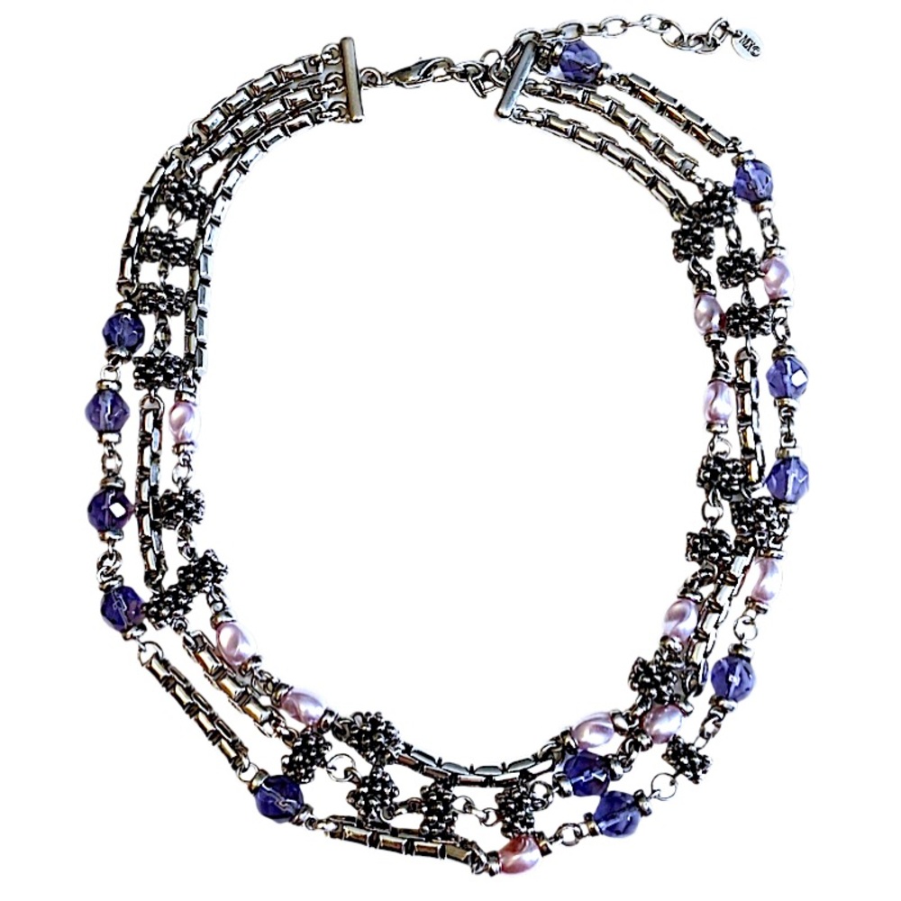 MX MICHAEL MORRISON Signed Multi Layered Silver Purple Beaded Necklace